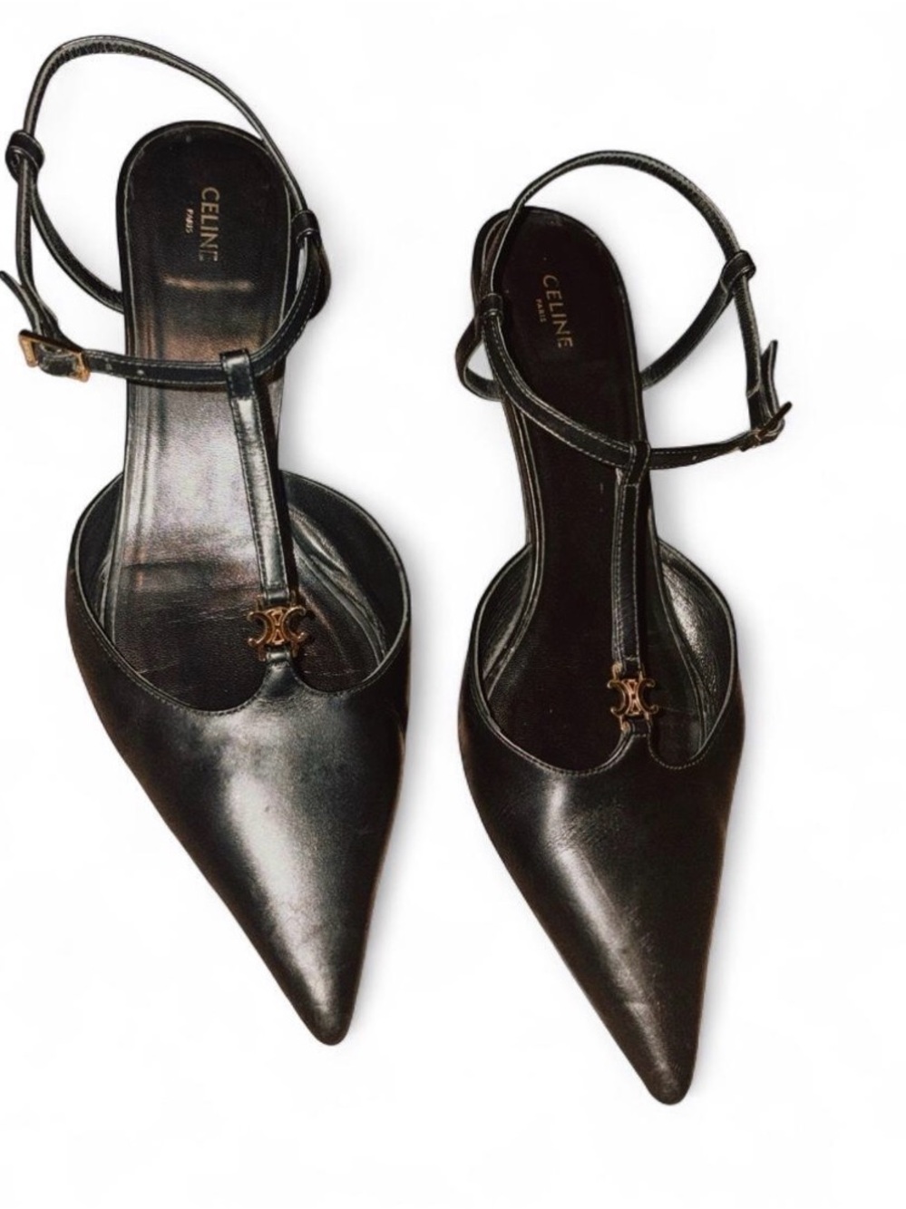 Celine Triomphe Kitten Black Pointed Pumps T‑Strap Slingback Heels